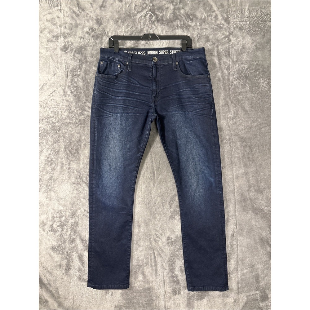 G by GUESS Korbin Super Stretch Jeans Mens 34x31 Indigo Slim Straight Whiskered